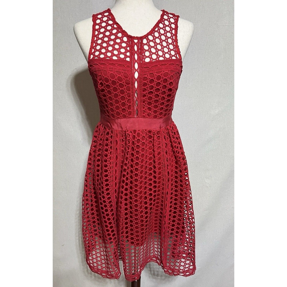 Maniju Eyelet Lace Dress Womens Medium Red Geometric Fit Flare Cocktail Party